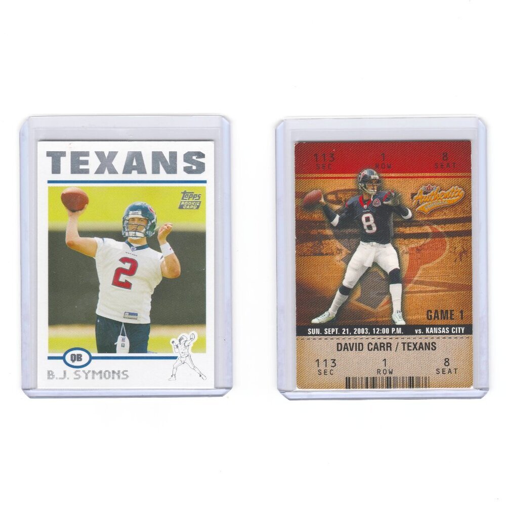 Houston Texans QBs BJ Symons Rookie Card & David Carr Fleer Card Very Nice!!